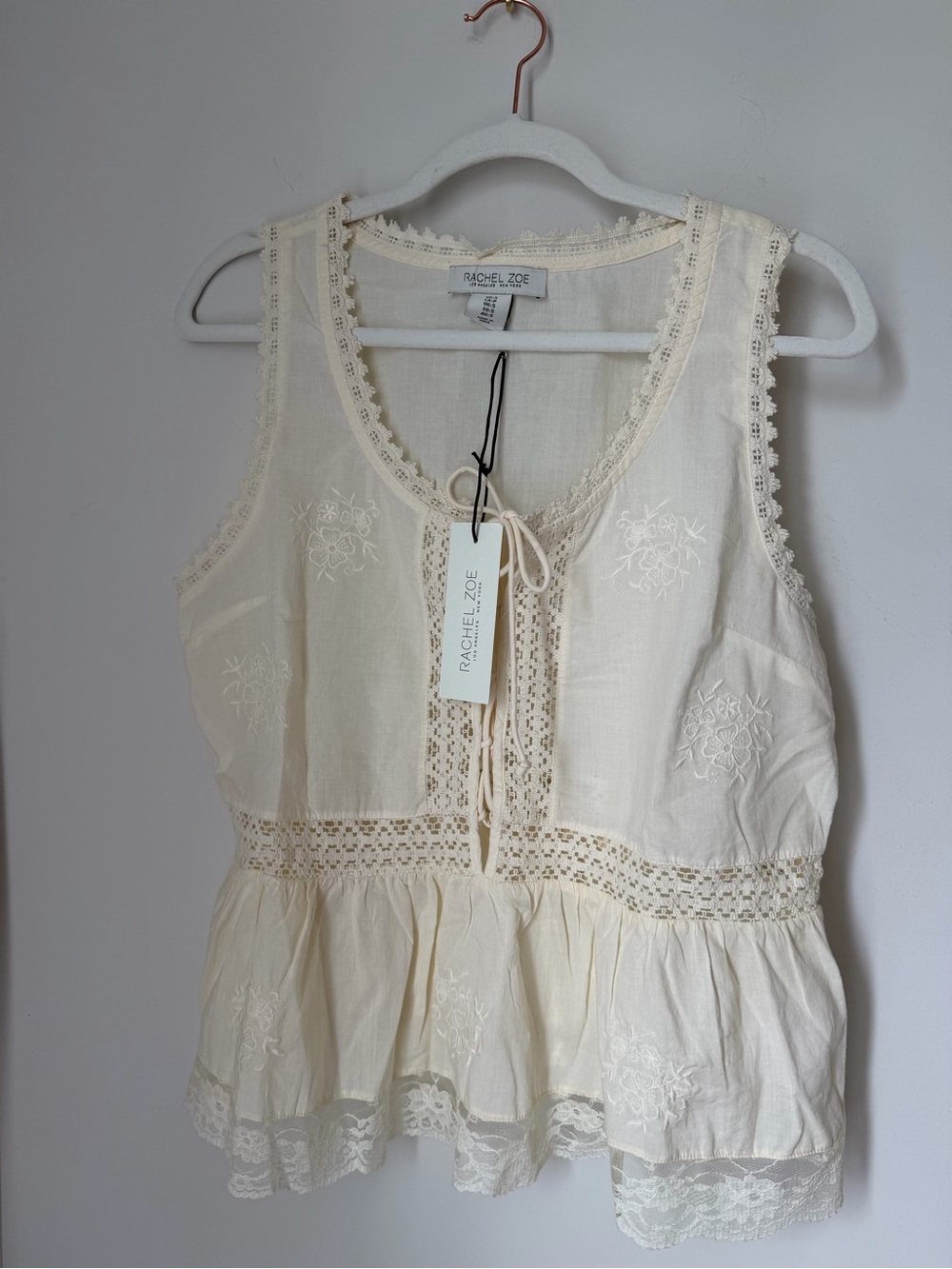 Cream Lace-Trim cotton Peplum Sleeveless Top